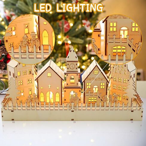 CCINEE Pre-Lit Christmas Village House LED Wooden Christmas Scene House with Lights Battery Operated Luminous Farmhouse Christmas Desktop Decoration for Xmas Party Tabletop Mantle Decor in Saudi Arabia