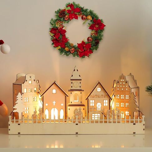 CCINEE Pre-Lit Christmas Village House LED Wooden Christmas Scene House with Lights Battery Operated Luminous Farmhouse Christmas Desktop Decoration for Xmas Party Tabletop Mantle Decor in Saudi Arabia