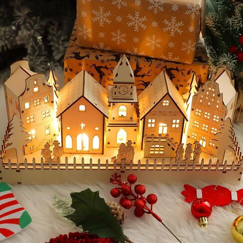CCINEE Pre-Lit Christmas Village House LED Wooden Christmas Scene House with Lights Battery Operated Luminous Farmhouse Christmas Desktop Decoration for Xmas Party Tabletop Mantle Decor in Saudi Arabia