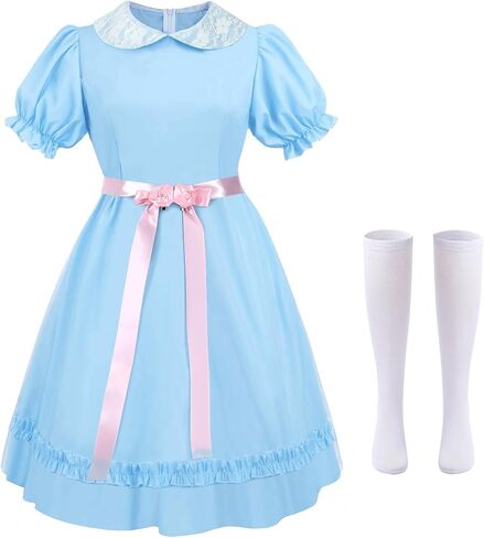 Women's Halloween Twin Costumes Blue Puff Sleeve Lolita Dress and Knee High Socks Creepy Sisters Cosplay Outfits in Saudi Arabia