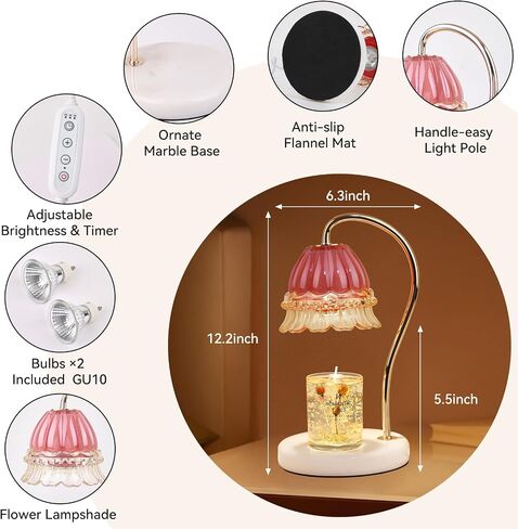 Candle Warmer Lamp with Timer,Gifts for Mom,Marble Base and Glass lampshade,a Beautiful Flower Candle Lamp with 2 Bulbs,Romantic Bedroom,Candle Lamp for Jar Candles (Pink) in Saudi Arabia