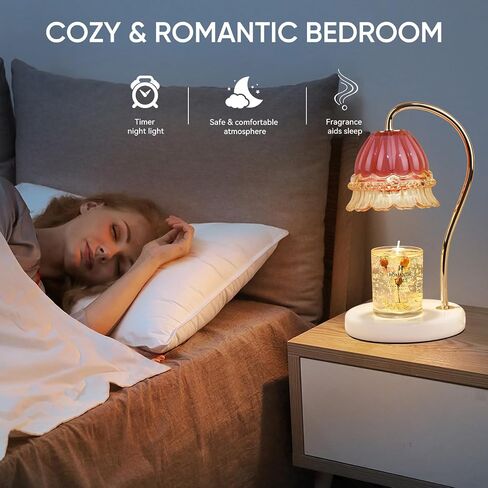 Candle Warmer Lamp with Timer,Gifts for Mom,Marble Base and Glass lampshade,a Beautiful Flower Candle Lamp with 2 Bulbs,Romantic Bedroom,Candle Lamp for Jar Candles (Pink) in Saudi Arabia