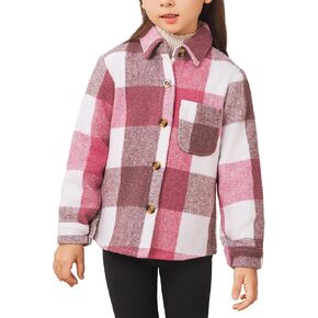 Girls Flannel Shirts Fall Jacket Cute Button Down Plaid Shirt Long Sleeve Fleece Shacket with Pocket 4-12 Years