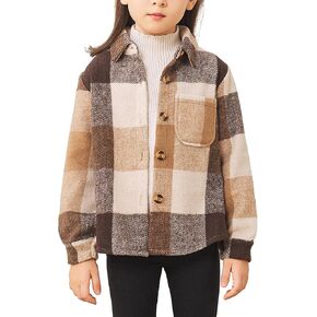 Girls Flannel Shirts Fall Jacket Cute Button Down Plaid Shirt Long Sleeve Fleece Shacket with Pocket 4-12 Years