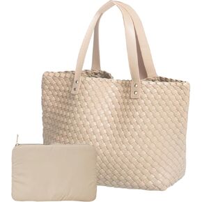 Woven Bag for Women Vegan PU Leather Tote Bag Large Beach Handbag Retro Fashion Handmade Travel Shoulder Bag
