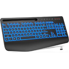 Wireless Keyboard with Wrist Rest & Phone Holder, 7 Colored Backlits, Rechargeable Ergonomic Computer Keyboard with Silent Keys, Full Size Lighted Cordless Keyboard for Windows, Windows, Mac, Laptop