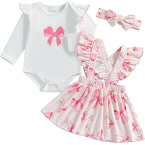 Newborn Baby Girl Clothes Ruffles Long Sleeve Romper Floral Suspender Skirt Set with Headband Girl Clothes 2Pcs
