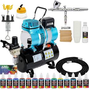 Iwata-Medea Eclipse HP CS Airbrush Set with Cool Runner II Dual Fan Air Tank Compressor System Kit, 12 Color Acrylic Airbrush Paint Artist Set, Hose, Holder, Cleaning Pot, Mixing Cups, How-to Guide