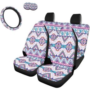 Bulopur Green Aztec Cactus Pattern 7 Pack Set Car Front & Back Seat Covers, Wheel Cover, Coaster, Full Set Decor Anti Scraping,Dustproof