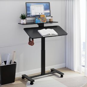 90° Flip Rolling Desk Adjustable Height,2 Tier Laptop Cart with Lockable Wheels,Rolling Laptop Desk with Cup Holder and Flaps,Mobile Standing Desk for Home,Office,School and Hospital (White)