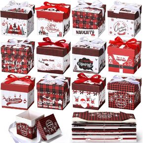 Cholemy 36 Pcs Christmas Gift Boxes with Lids Small Squared Boxes with Ribbon Bow 4x4x4 Inch Xmas Boxes Holiday Gift Wrap Boxes for Christmas Party Favor Present Packaging, 12 Designs(Classic Style)