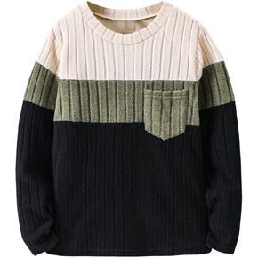 Floerns Boy's Color Block Long Sleeve Rib Knitted Pocket Front Crew Neck Tee Shirts Top