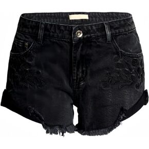 Women's Embroidered Raw Edge Tassel Jeans Mid Waist Wide Leg Denim shorts