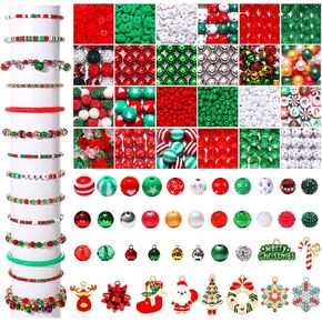 600PCS+ Christmas Beads Charms for Jewelry Making, Metallic Christmas Bow Charms, Red Green Christmas Clay Beads, Assorted Rhinestone CCB Beads Gold Spacer Beads for DIY Bracelet Necklace Crafts