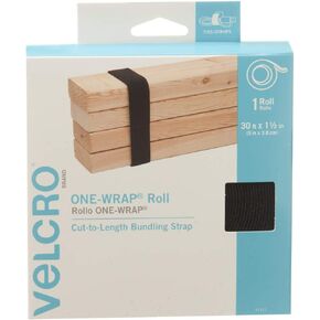 VELCRO Brand ONE-WRAP Roll Black | 30 Ft x 1-1/2 In | Reusable Self-Gripping Hook and Loop Tape | Cut Straps to Bundle Tie Materials and Tools in Garage Shed or Worksite