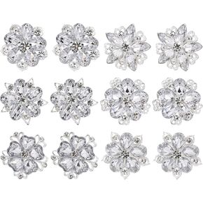12 Pcs Rhinestone Brooch, Silver Brooch Pins, Assorted Crystal Brooch Pin Small Flower Brooches Pins decorative Brooch Pins for Crafts Flower Lapel Badge Pins for Women DIY Bridal Wedding Bouquet Kit