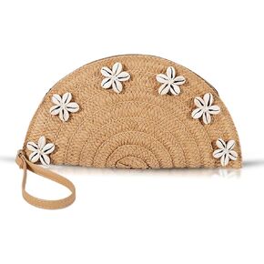 Clutch Purses for Women, Straw Beach Bag, Bohemian Handmade Woven Envelope Package, Shell flower Tassel Summer Handbags for Vacation, Travel(Khaki)