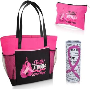 3 Pcs Breast Cancer Gifts for Woman, Tote Bag Shouder Bag Insulated Cup For Women,Cancer Awareness Accessories,Chemo Care Package,Cancer Care Gifts,Warm Hugs Positive Energy For Cancer Patients(Rose)