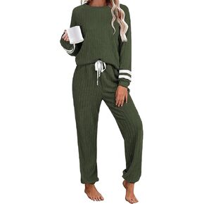 Ekouaer Lounge Sets for Women Ribbed Knit Outfits Pajamas Sets 2 Piece Long Sleeve Sweatsuits with Pockets in Kuwait