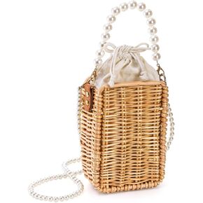 Pearl Basket Purse, Handwoven Rattan Beach Bag For Women, Rectangular Wicker Handbag, Vintage Summer Straw Tote Bag