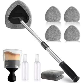 Car Windshield Cleaning Tools, Expandable Car Window Cleaner kit with 4 Reusable Microfiber Pads, 2 Spray Bottles, Windshield Cleaning Wand Tool, Auto Interior Dust Brush, for Trucks, SUVs, RVs etc