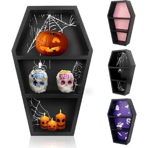 Coffin Shelf Shadow Box Spooky Wooden Goth Decor Black Hanging Shelf for Halloween with 3 Style Backboard