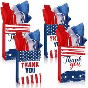 16 Pieces Patriotic Thank You Gift Bags with 18 Red White Blue Tissue Paper American Flag Party Favor Bags USA Paper Treat Goodie Bags with Handle for Veterans Day Memorial Day Independence Day Party