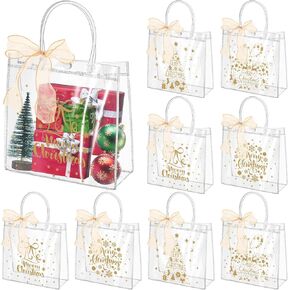 Henoyso 24 Pcs Christmas Clear Gift Bags with Handles and Ribbon Plastic Christmas Candy Treat Bag PVC Gift Wrap Totes for Xmas Party Favors(Gold,12.8 x 9.8 x 6.7)