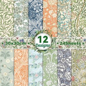 VIVIQUEN 24 Pack Vintage Floral Pattern Double-Sided Paper, 12-inches Retro Flower William Morris Scrapbook Craft Paper Folded Flat for DIY Background Card Making Scrapbook Photo Album Decor