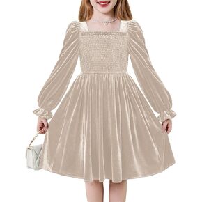 Arshiner Toddler Velvet Dress Girls Smocked Square Neck Puff Long Sleeve Party Dresses with Pockets 3-8Y