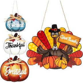 Thanksgiving Decoration Wood Pumpkin Turkey Door Wall Wreath for Front Door Sign Thankful Blessed Grateful, Pumpkin Sign for Fall Autumn Harvest Home Thanksgiving Party Outdoor Halloween Decoration