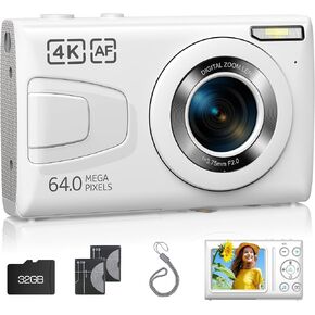 Digital Camera, 4K 64MP Camera, Point and Shoot Digital Cameras with 32GB Card Auto Focus 18X Zoom Compact Small Camera for Beginner Student Kids Teen Black