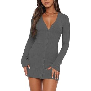 Dressmine Womens Sexy Long Sleeve Mini Dresses 2024 Trendy Fall Button Vneck Short Dress Winter Casual Rib Knit Cardigan