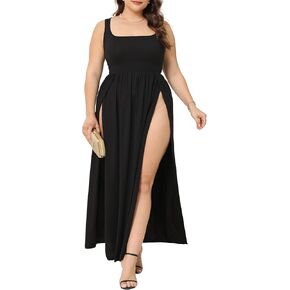 SILUI Women's Square Neck Double High Slit Summer 2024 Sexy Plus Size Sundresses Thigh Split Club Party Maxi Dresses