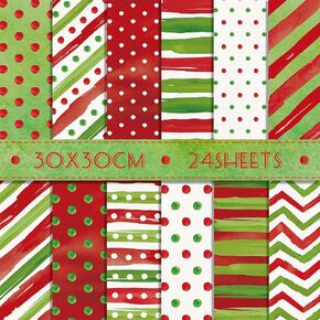24Sheets 11.8 × 11.8 Inches Christmas Scrapbook Paper Watercolor Red Green Polka Dots Stripes Waves Pattern Paper for Card Making Photo Album Craft Supplies