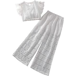 SHENHE Girl's Lace 2 Piece Outfits Ruffle Sleeve Crop Top and Wide Leg Palazzo Pants Cute Set