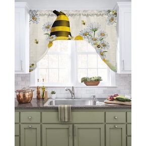 Cute Gnomes Honey Swag Kitchen Curtain Sets with Valance,3 Pieces Rod Pocket Curtain Drapes for Bedroom Bathroom Cafe Windows,Spring Honey Summer Bee Comb Daisy Floral 56''x36''&36''x27.5''x2Panels