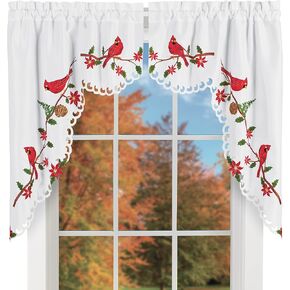 Collections Etc Cardinal & Pine Embroidered Window Curtains