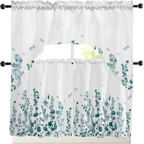 Turquoise Flower Leaves Kitchen Curtains Swag Valance and Tier Curtains Set 24 Inch Length, Rod Pocket Drape Panels Pair Swag Curtains for Bathroom/Cafe/Window Fall Country Elegant Dragonfly