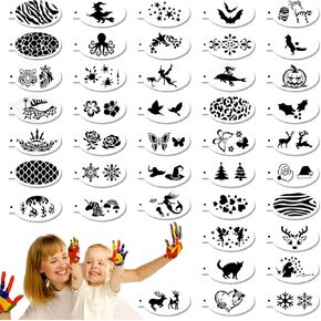 42pcs Face Painting Stencils, Reusable Flexible Washable Body Facial Painting Stencils Halloween Face Painting Stencils for Wood Walls Glasses with Wolf Cat Deer Tree Rose