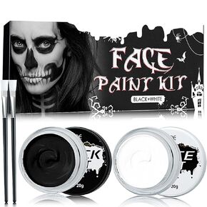 White Black Face Body Paint Makeup Set,Halloween Face Paint Makeup Kit for Clown Adults Costume Full Coverage SFX Makeup Kit,Easy to Color & Smooth Face Painting Kit with 2 Brushes