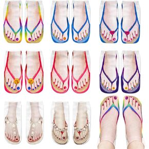 8 Pairs Flip Flop Socks, 3D Pattern Socks, Women's Print Socks, Manicure Print Socks, Funny Personalized Flip Flop Socks for Holiday, Party Multiple Occasions, socks that look like sandals