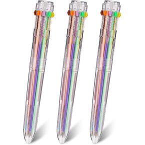 Zonon 3 Pieces 10 In 1 Multicolor Ballpoint Pens Retractable 0.7mm Transparent Barrel Ballpoint Pen for Office School Supplies Students Children Gift