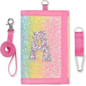 Girls Wallet for Kids, Little Girl Glitter Trifold Wallet with Hook&Loop, Kids Initial Wallets Purse with Coin Pocket, Teen Girl Wallet for Ages 3-14 Christmas Birthday Gifts (Rainbow, B)