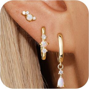 Sterling Silver Opal Earrings Set for Women, Hypoallergenic S925 Hoop Stud Earrings for Women with Sensitive Ears, Silver Dainty Stackable Hoop Stud Earrings for Women Trendy 2024