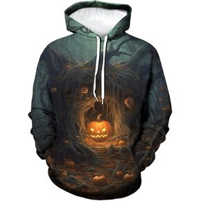 Novelty Halloween Pumpkin 3D Hooded Sweater Men's Loose Relaxed Hoodie Sweatshirts Pullover, Small, Green