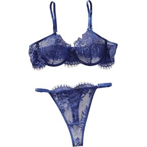 Floerns Women's 2 Piece Sets Floral Lace Sheer Underwire Bra G String Thong Lingerie Sets