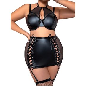 OYOANGLE Women's Plus Size 5 Piece PU Leather Lingerie Set Cut Out Bra and Skirt with Garter Stocking