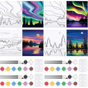 4 Pack 8x10 Inches Canvas Painting Pre Drawn Stretched Canvas for Painting for Adults Kids Paint Party Set Pre Drawn Outline for Paint and sip for Adult's Date Night Natural Scenery
