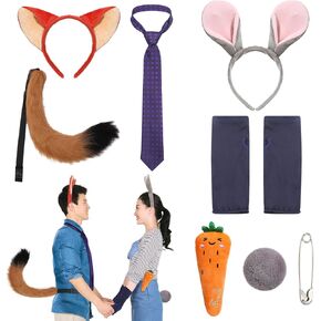 7 Pcs Halloween Costume Accessories Fox Ears Hairband Fox Tail Necktie Bunny Ear Headband Rabbit Tail Cuff and Carrot for Cosplay Party